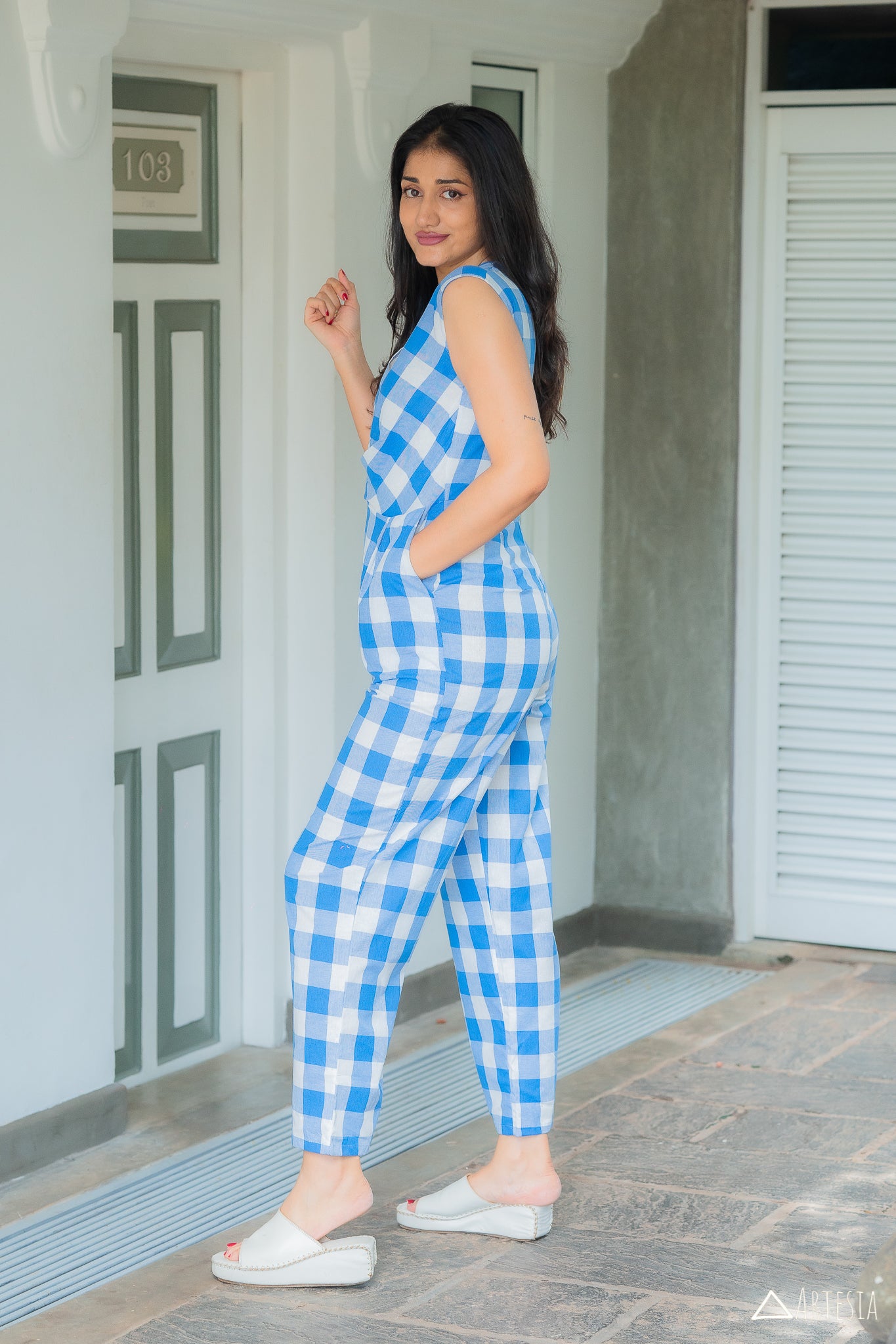 Azure Checkered Delight Jumpsuit