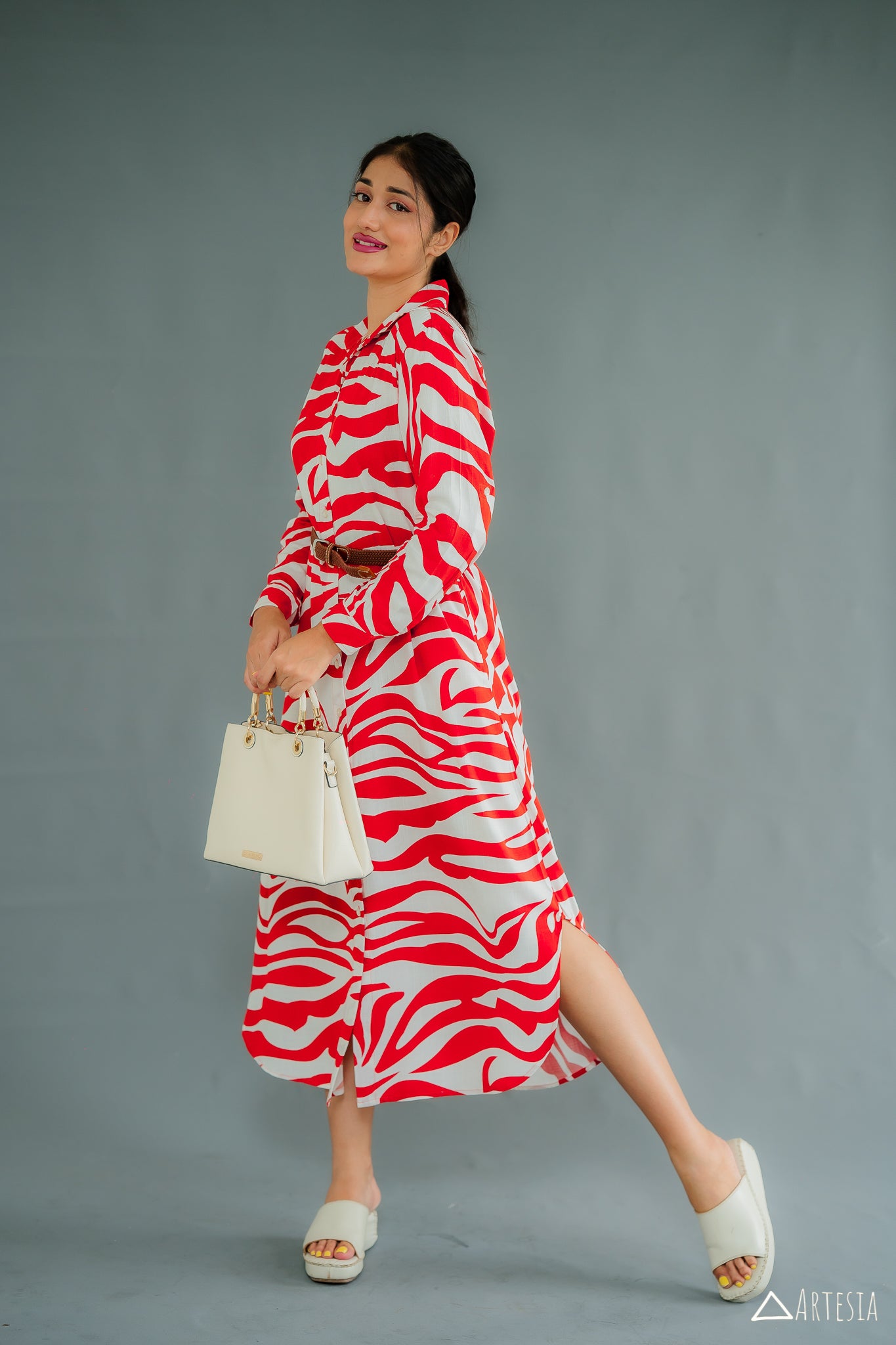 Crimson Wave Long Shirt Dress