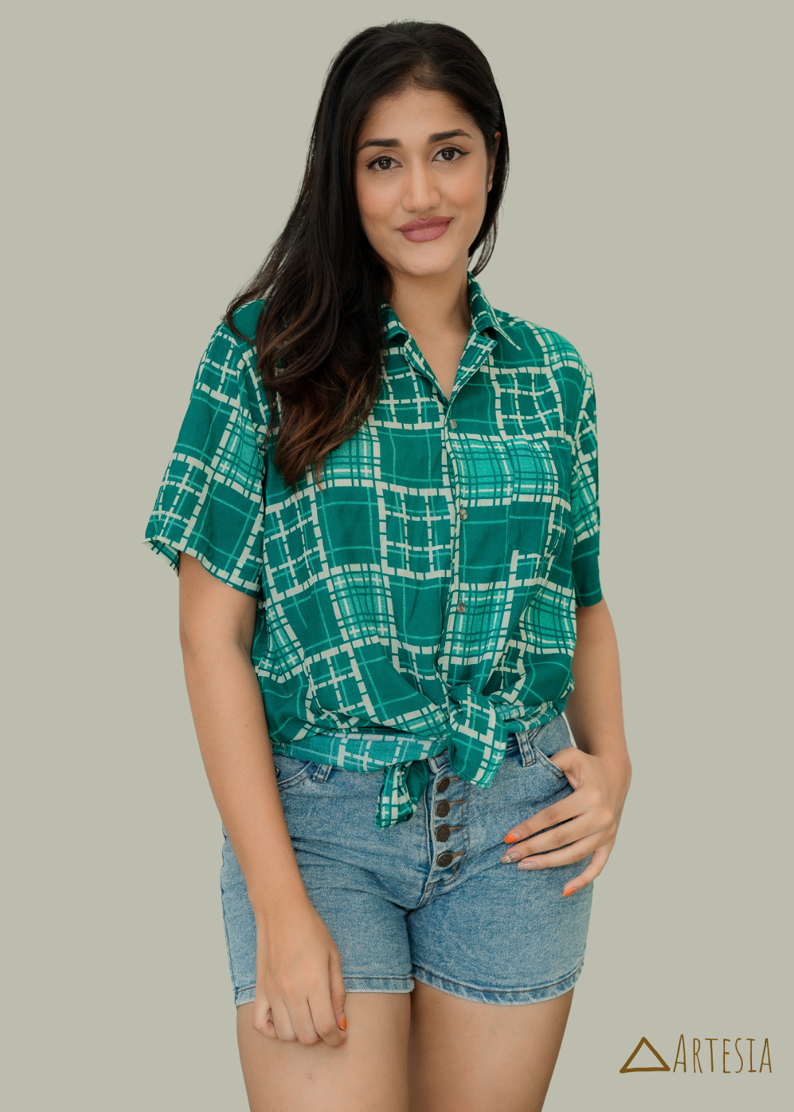 Geometric Jade Button-Up