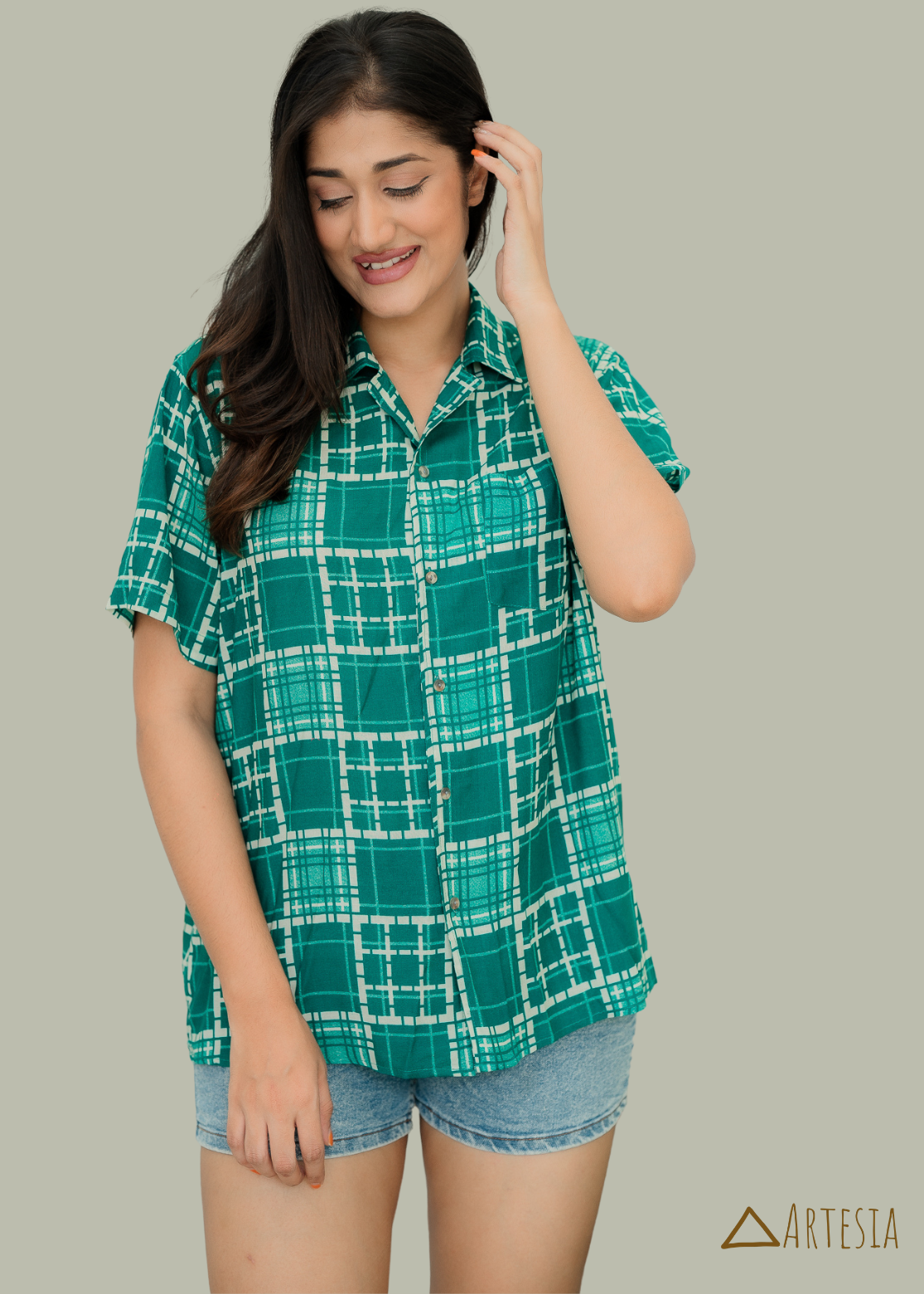 Geometric Jade Button-Up