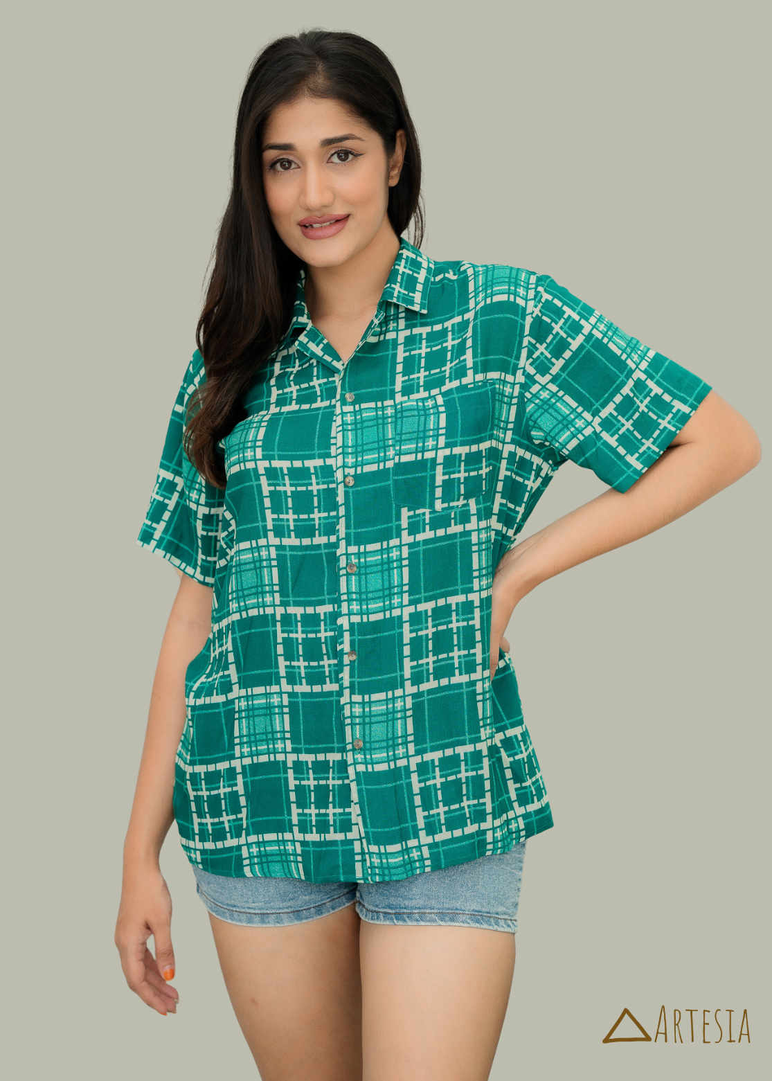 Geometric Jade Button-Up