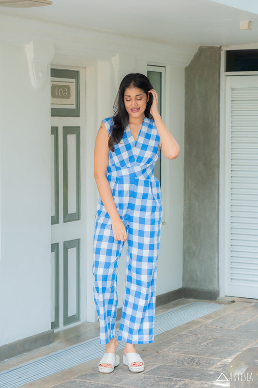 Azure Checkered Delight Jumpsuit