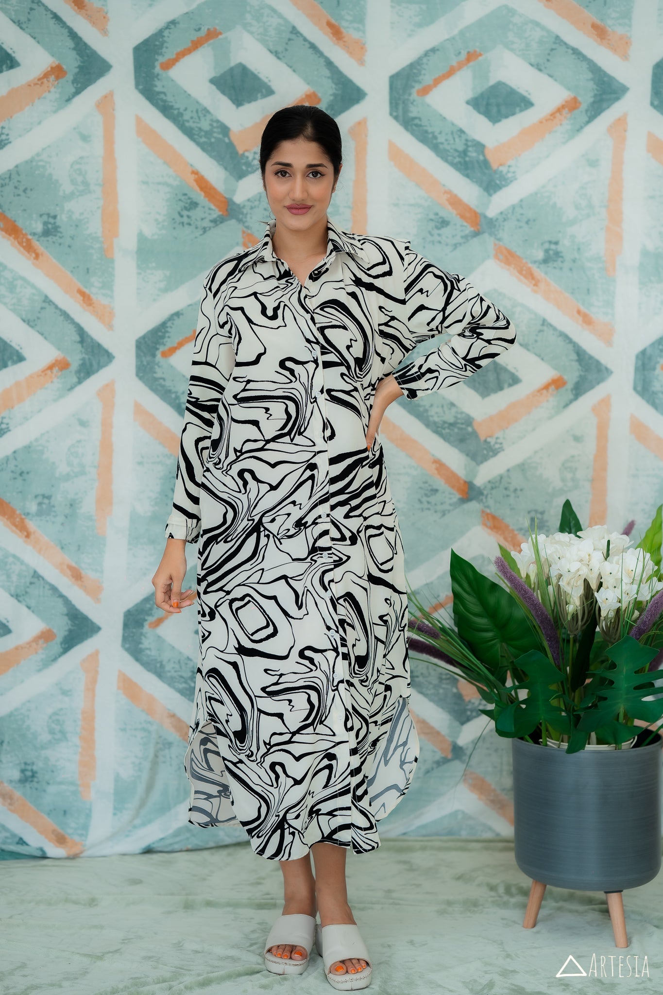 Monochrome Mosaic Shirt Dress