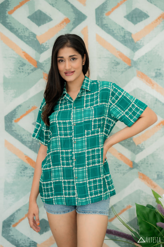 Geometric Jade Button-Up
